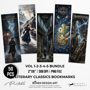 50 Literary Classics Bookmark Bundle, Classic Literature Reader Gift, English Teacher Gift Bulk, Dark Academia Bookish Art Digital Download