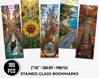 100 Stained Glass Bookmarks Bundle PNG, Nature Art Printable, Sublimation Design, Spiritual Chakra Bookmark, Digital Download Commercial Use