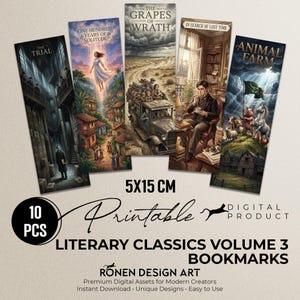 Może przedstawiać: Zestaw pięciu zakładek do książek z klasykami literatury, każda z unikalnymi grafikami z popularnych powieści. Zakładki mają wymiary 5x15 cm i zawierają tytuły takie jak "Proces" i "Folwark zwierzęcy". Zestaw jest produktem cyfrowym z napisem "Printable".