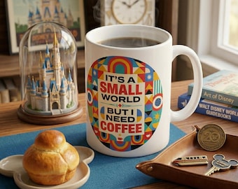 Small World But I Need Coffee Mug - 1960s Retro Geometric Disney Inspired Cup - Mid-Century Modern Art Mug