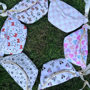 May include: A collection of colorful fanny packs with various patterns, including cartoon characters, Mickey Mouse shapes, and a pink and white checkered design. Each pack has a gold zipper and a white adjustable strap, set against a backdrop of green grass.