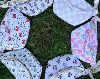 Disney Inspired Fanny Pack | Water Resistant Theme Park Crossbody Belt Bag | Small World, Minnie, Toy Story, Pastel, Checkerboard