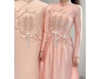Casamento Ao Dai Viet Nam Pré-fabricado - Conjunto Casal Vietnamita Ao Dai Rosa - Tafta Ao Dai Masculino e Suzhou Silk Ao Dai Feminino