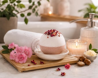 Bombe de bain moussante au karité et à l'argan - Rose fleurie | Bombe de bain au géranium | Aromathérapie naturelle | Bombe de bain végane | Sel d'Epsom | Beurre de karité | Cadeau