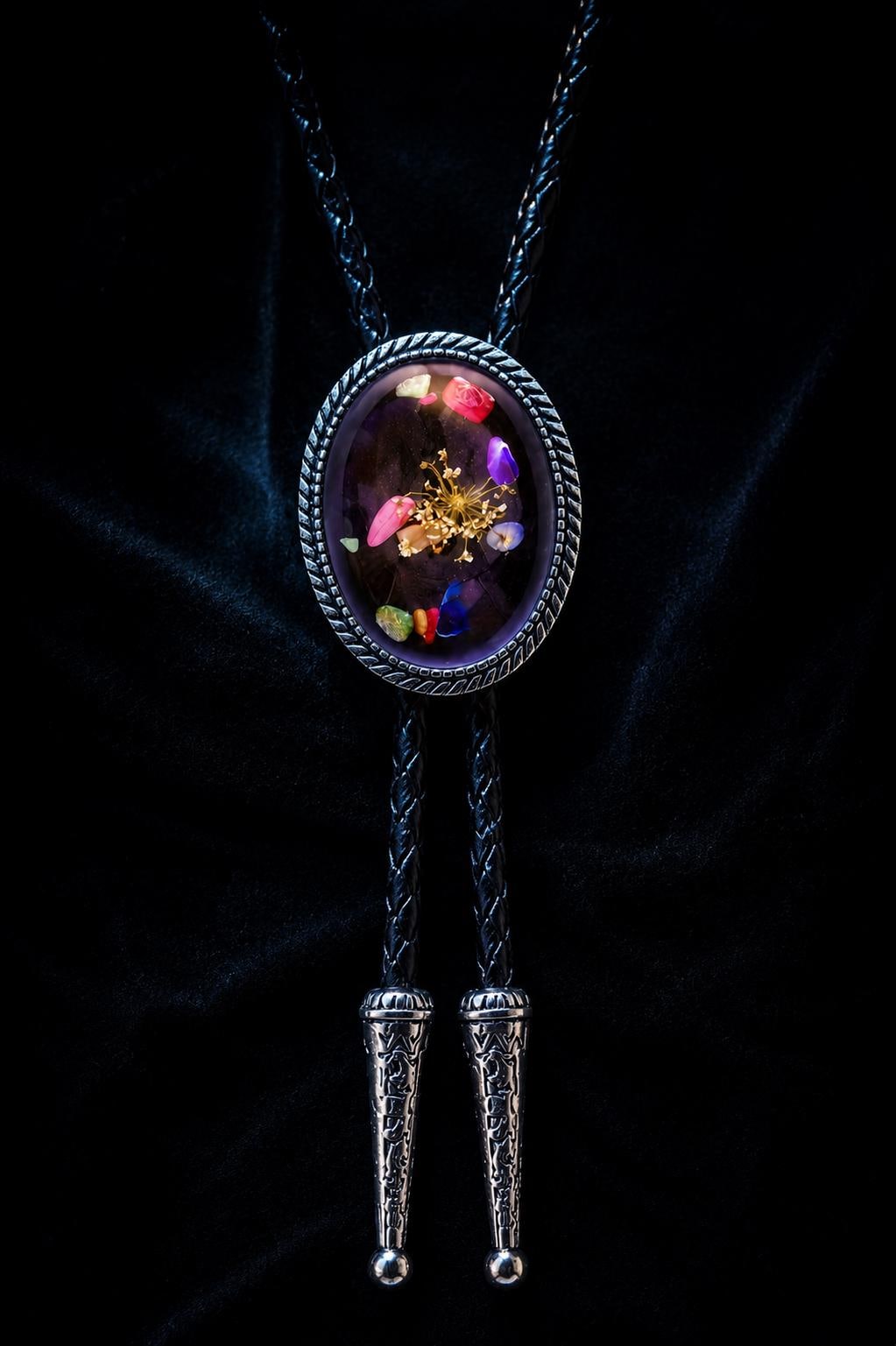 Dried Flower Bolo Tie Real Pressed Wildflowers, Purple Resin Dome, Silver Western Slide Tie