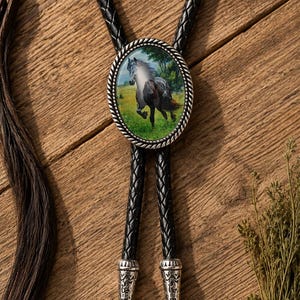 Black Horse Bolo Tie Silver | Running Mustang Western Tie | Meadow Horse Slide Cowboy Tie | Country Wedding Gift Him
