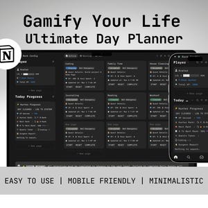 Pode incluir: Um planejador diário digital exibido em um tablet e smartphone. A interface escura apresenta texto branco, com seções para codificação, diário e exercícios. O texto "Gamify Your Life Ultimate Day Planner" está no topo, com "Easy to Use | Mobile Friendly | Minimalistic" na parte inferior.