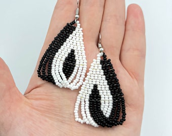 Black and white Beaded earrings Statement earrings Dangle earrings Monochrome jewelry Boho earrings Handmade earrings  Gift for women