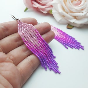 Pink Purple Earrings Beaded Fringe Earrings Handmade Gift for Women Ombre earrings Seed bead earrings Magenta earrings 4 inch earrings
