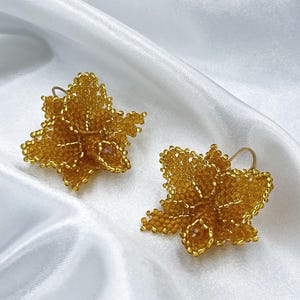 Gold Orchid Earrings – Handmade Beaded Flower Earrings – Amber Dangle Earrings – Elegant Floral Jewelry – Mothers Day Gift for Women