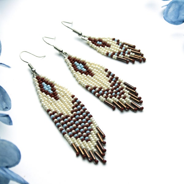 Beaded indigenous earrings Native american beadwork Seed bead Navajo fringe earrings Cherokee jewelry Western cowgirl dangle earrings