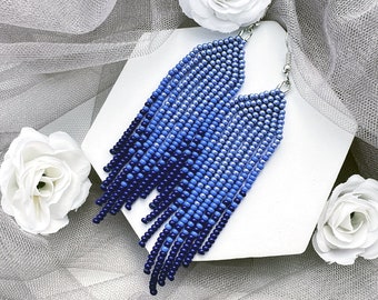 Navy blue beaded fringe earrings Dark blue earrings Ombre seed bead earrings Long dangle earrings Boho beadwork jewelry Gift for women