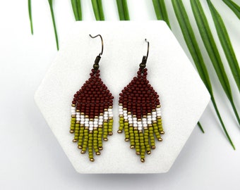Earthy beaded earrings Casual fringe earrings Rustic Boho earrings Brown olive green earrings Beadwork jewelry gift