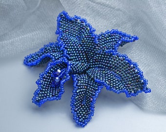 Large flower brooch Orchid jewelry Handmade brooch pin Floral gift for mom Beaded brooch for women Dark blue seed bead brooch
