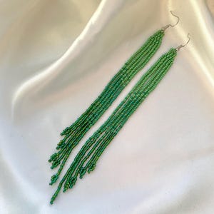 Handmade Green Seed Bead Duster Earrings: Ombre Beadwork Jewelry