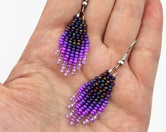 Purple earrings Beaded fringe earrings Seed bead dangle earrings Small earrings Boho jewelry Everyday earrings Gift for women