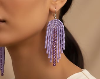 Lavender Beaded Fringe Earrings, Purple Seed Bead Bridesmaid Jewelry, Elegant Gift for Her