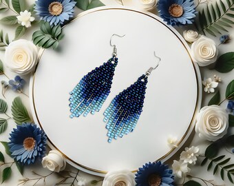 Navy blue earrings Beaded fringe earrings Seed bead jewelry Native style earrings  Boho/bohemian/ethnic Gift for women Dangle earrings