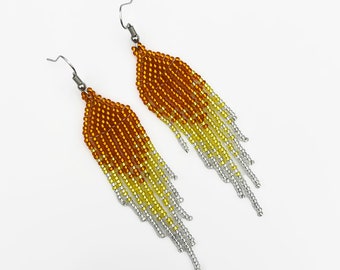 Beaded fringe earrings Orange yellow earrings Sparkly earrings Seed bead earrings Boho Dangle earrings Handmade jewelry Gift for women