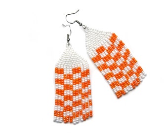 Checkerboard earrings Beaded earrings Fringe seed bead earrings Chess earrings Y2K jewelry Orange white earrings Gift for women Beadwork