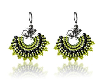 Green earrings Beaded leverback earrings Fan earrings Statement earrings Seed bead dangle earrings Gift for women Lime green earrings