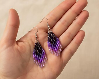 Purple Beaded Dangle Earrings: Small Boho Seed Bead Jewelry, Gift for Her