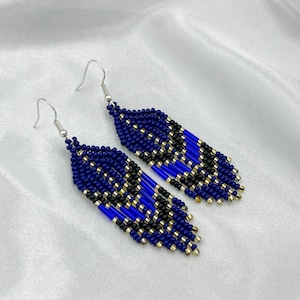 Navy Blue Seed Bead Fringe Earrings: Boho Dangle Jewelry