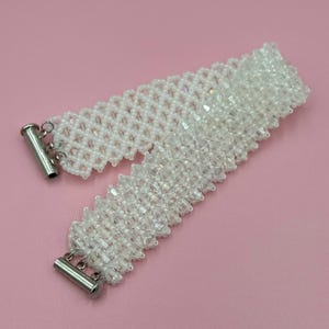 White Beaded Bridal Bracelet: Rhinestone Crystal Handwoven Cuff