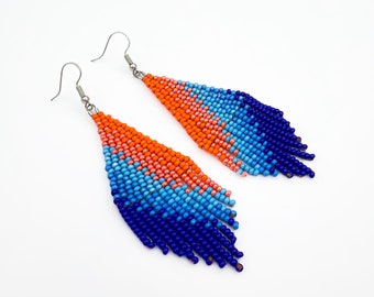 Beaded fringe earrings Orange earrings Blue earrings Seed bead earrings Bohemian earrings Burnt orange Dangle earrings Handmade earrings