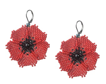 Beaded poppy earrings Big seed bead flower earrings Red floral jewelry Remembrance day Beadwork dangle earrings Handmade jewelry women gift