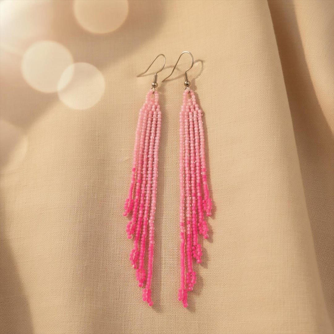Pink Ombre Beaded Fringe Earrings: Seed Bead Boho Jewelry, Gift for Her ...