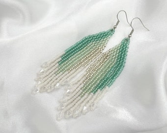 Mint earrings Bridesmaid earrings Beaded fringe earrings Boho earrings Statement earrings Seed bead earrings Bohemian jewelry Gift for women