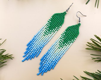 Beaded fringe earrings Blue and green earrings Seed bead earrings Long dangle earrings Boho statement earrings Gift for women Handmade