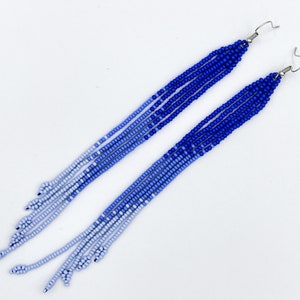 Extra long fringe earrings Navy blue sky blue gradient Ombre dangle earrings Cornflower blue Boho beaded earrings Seed bead earrings