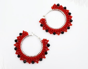 Beaded hoop earrings Red black earrings Woven earrings Seed bead earrings Handmade Boho earrings Gift for Women Bohemian jewelry Beadwork