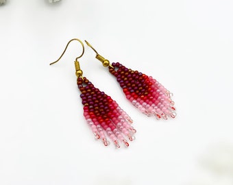 Small dangle earrings Beaded fringe earrings Red pink earrings Boho earrings Minimal earrings Lightweight earrings Casual earrings For her