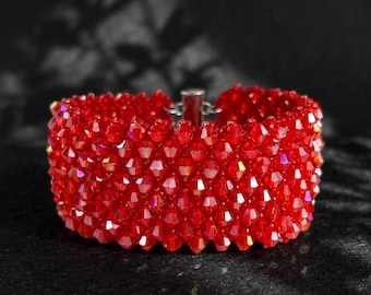 Red Crystal Beaded Cuff Bracelet | Handmade Sparkly Statement Jewelry
