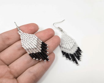 Black and white earrings Woven chevron earrings Stylish earrings Minimalist earrings Casual earrings Seed bead earrings Beaded earrings