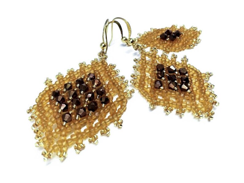 Blue crystal earrings Diamond shape earrings Seed bead earrings Rhombus earrings Geometric earrings Beaded dangle earrings Beadwork