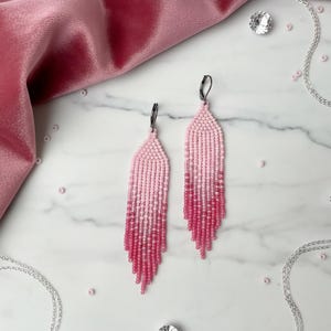 Pink Ombre Seed Bead Earrings: Boho Fringe Dangle Jewelry