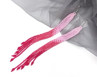 Extra Long Pink Gradient Earrings Fringe Seed Bead dangle earrings Gift for women