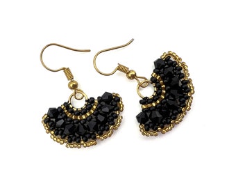 Black gold earrings Beaded fan earrings Seed bead earrings  Beadwork lightweight earrings Small earrings for bride Sparkly earrings