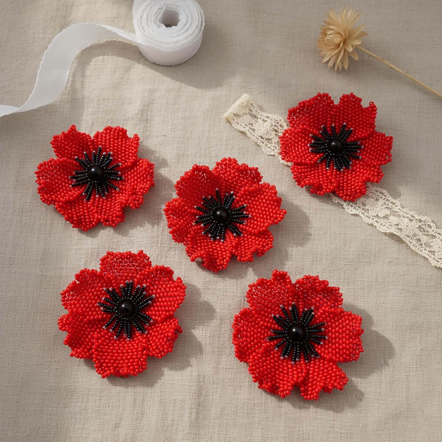 Spilla Papavero Fiore Rosso Ricamo Perline E Strass Handmade, Fiore