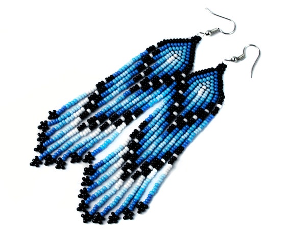 Long Indian earrings Tribal earrings Blue seed bead earrings Native american 