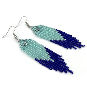 Blue Turquoise Seed Bead Earrings: Long Boho Fringe Jewelry