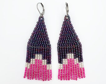 Fuchsia earrings Beaded fringe earrings Seed bead earrings Purple earrings Iridescent earrings Handmade gift for women Statement earrings