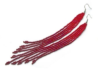 Red earrings Extra long earrings Beaded dangle earrings Seed bead fringe earrings Shoulder duster earrings Very long earrings Gift for women