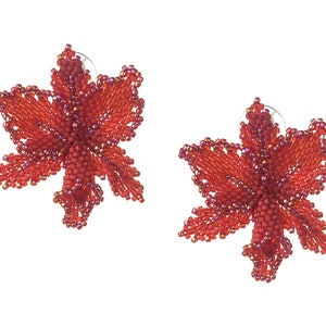 Beaded Orchid Earrings: Red Floral Seed Bead Studs