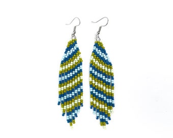 Beaded fringe earring Seed bead earrings Boho earrings Striped earrings Women's earrings Geometric earrings Green blue earrings