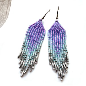 Purple Turquoise Beaded Fringe Earrings: Boho Dangle Beadwork